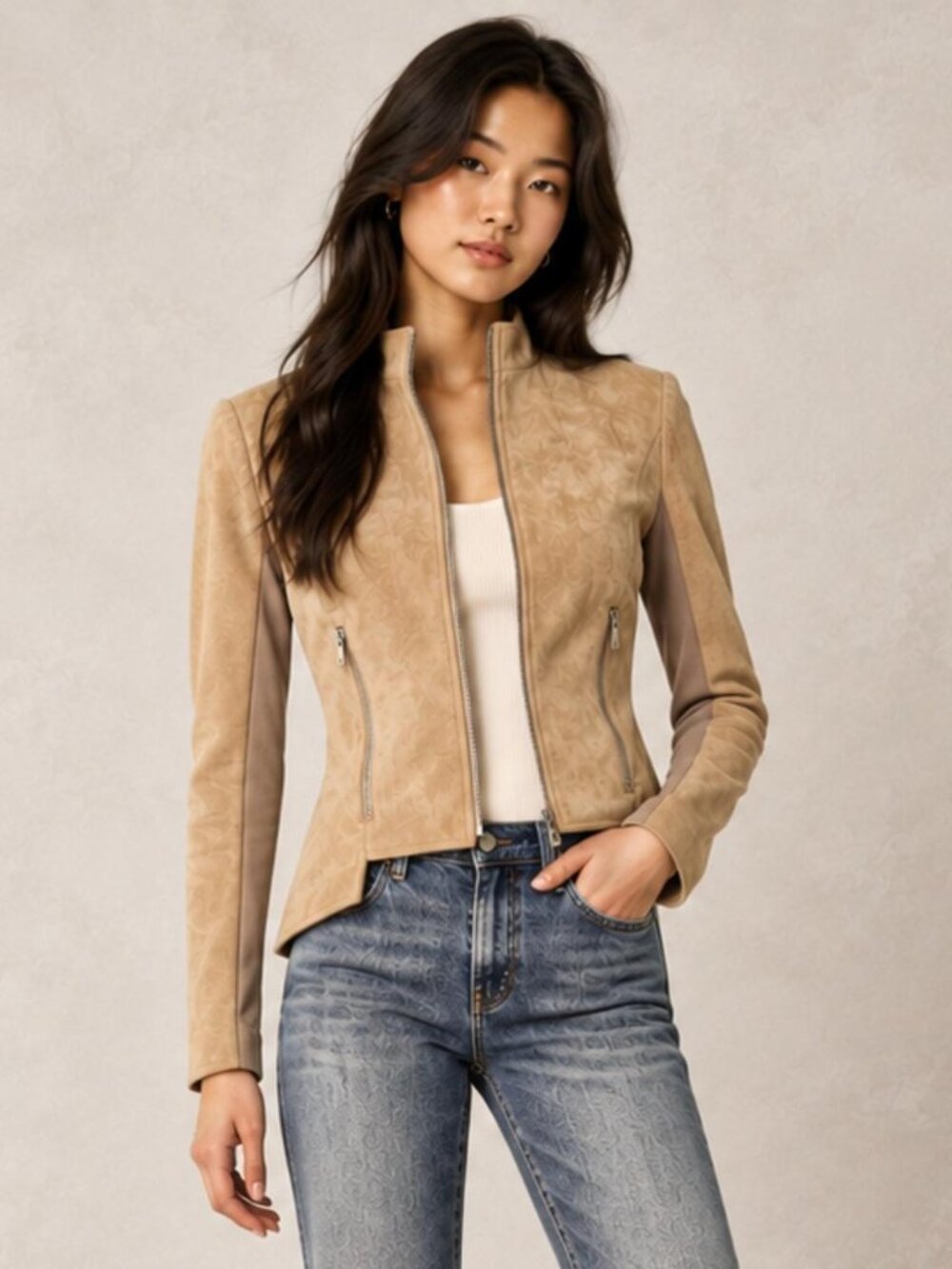 BCBGMAXAZRIA Tailored Fit Camel Faux Suede Moto Jacket XXS QMV429
